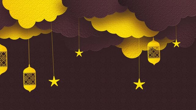 Elegant Ramadan Background with Paper-Cut Clouds, Hanging Lanterns and Stars