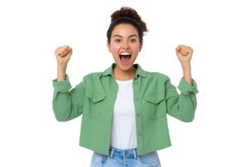 Happy young woman in a green jacket, celebrating with raised fists, isolated on transparent background