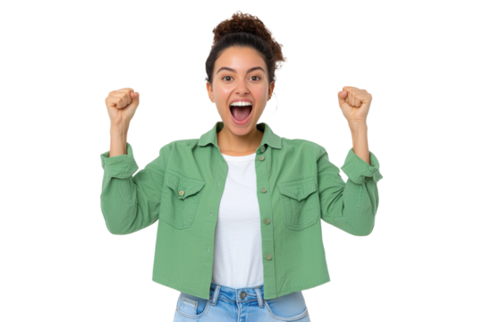 Happy young woman in a green jacket, celebrating with raised fists, isolated on transparent background