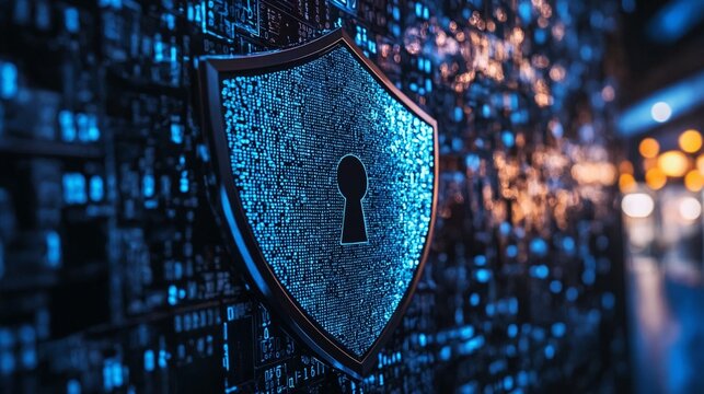 Un escudo digital brilla sobre un fondo tecnol&oacute;gico, simbolizando la seguridad cibern&eacute;tica en un mundo interconectado.