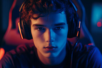Focused Gamer Immersed in Gaming with Headphones Under evening night Neon Lighting, Generative AI