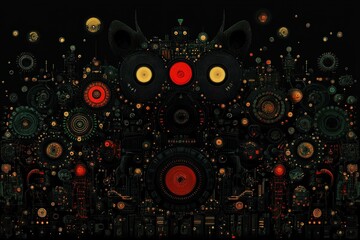 Obraz premium Abstract digital art featuring a complex arrangement of colorful gears and circular elements against a dark background, symbolizing innovation and technology