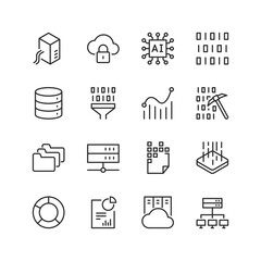 Data Management and data base, linear style icon set. Cloud computing, cybersecurity, AI and network architecture. Data visualization, storage, processing, and analysis. Editable stroke width.