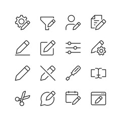 Editing and Writing, linear style icon set. Content creation, document editing, and collaboration tools. Text manipulation, settings, and online publishing. Editable stroke width