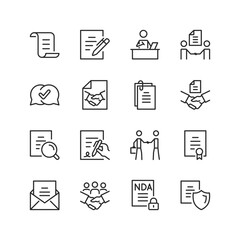 Contracts and Agreements, linear style icon set. Legal documents, negotiations, partnerships, and business deals. Signing, reviewing, confidentiality, and protection. Editable stroke width