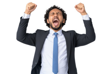 Excited young man in a suit, celebrating with raised arms and open mouth, isolated on transparent background