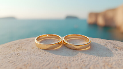 Two gold rings symbolize love and commitment against the backdrop of a stunning ocean view, ideal for destination weddings and romantic getaways.