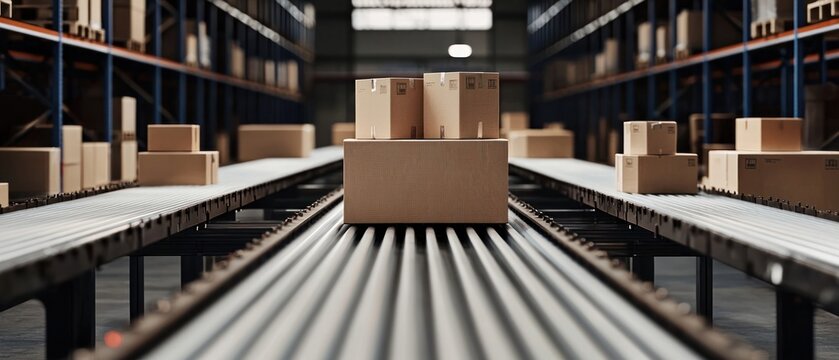 Brown Cardboard Boxes on Conveyor Belt in Warehouse