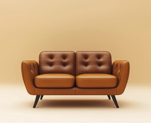 Fototapeta premium Modern leather sofa with two seats, isolated on a white background. 3D rendering illustration, isolated on a pastel background.