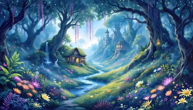Enchanted Forest Cottage Landscape Painting Magical Fantasy Art