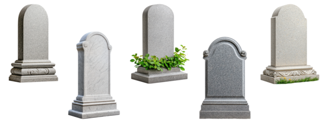 Set of gray tombstones with green plants, isolated on transparent background