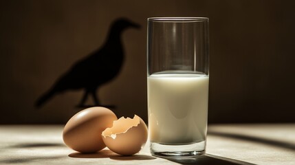 Cracked egg and milk on a surface with avian silhouette, symbolizing food safety and disease prevention.