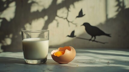 Cracked egg and milk on a surface with avian silhouette, symbolizing food safety and disease prevention.