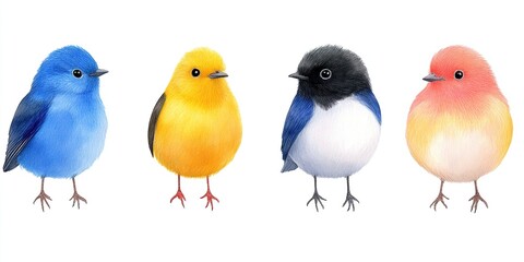 Fototapeta premium Colorful Bird Quartet: Four charming, plump birds in vibrant hues of blue, yellow, black and white, and orange-pink, stand side by side, creating a cheerful and colorful composition.