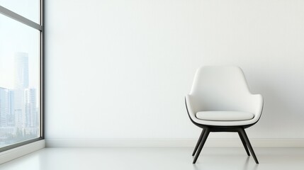 architectural 3D renderings interior realism concept. A minimalistic interior featuring a modern white chair beside a large window, showcasing a bright and airy atmosphere with city views.