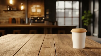 architectural 3D renderings interior realism concept. A cozy cafe scene featuring a coffee cup on a wooden table, with a warm, inviting ambiance highlighted by soft lighting.