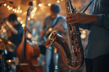 Obraz premium Generative AI Image of a Jazz Performer Playing a Saxophone in a Vibrant Atmosphere