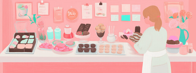 vibrant illustration of independent chocolatier arranging various desserts cozy shop. scene features colorful sweets, drinks, and warm atmosphere, evoking sense of creativity and passion for