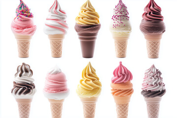 Selective focus group of fancy ice cream isolated on white background, Varies of ice cream cone, Various flavor of gelato.