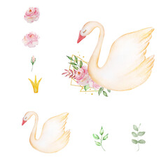 Watercolor White Princess Swan with crown, romantic bird with pink roses bouquet