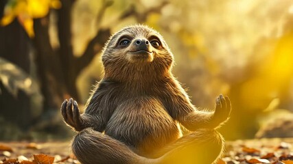 A cute sloth gracefully holds a yoga pose in a peaceful natural setting, symbolizing relaxation, mindfulness, and a slow, stress-free lifestyle. 