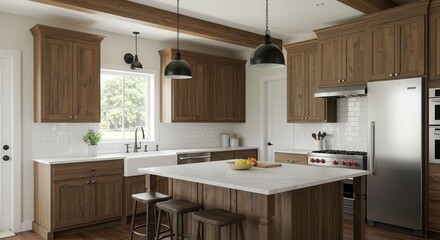 Spacious Kitchen Interior with Island, Wood Cabinets, and Modern Appliances