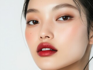 Fototapeta premium Close-up portrait of an Asian woman with clear skin, natural makeup, and soft lighting, highlighting facial features and natural beauty, exuding confidence.