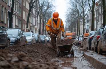 A worker in orange safety is moving dirt with an iron Shovel on the street of Amsterdam. The construction site has brown soil and some cars parked next to it. In front, there's ano