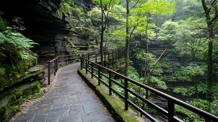 Obraz premium Tranquil Forest Path With Lush Green Foliage