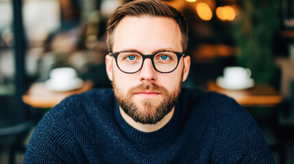 Fototapeta premium Thoughtful young man in indoor introspection close-up lifestyle portrait
