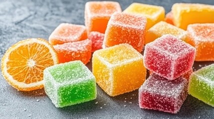 Colorful Fruit Jelly Candies With Orange Slice On Dark Sparkling Background