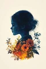 Fototapeta premium Artistic Double Exposure Profile of Woman with Floral Elements and Leaves
