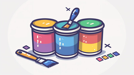 Colorful Paint Cans and Brush, Ready for Artistic Creation