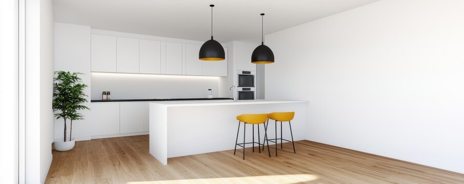 architectural 3D renderings interior realism concept. A modern, minimalist kitchen featuring white cabinetry, wooden flooring, and yellow stools at a sleek island with pendant lighting.