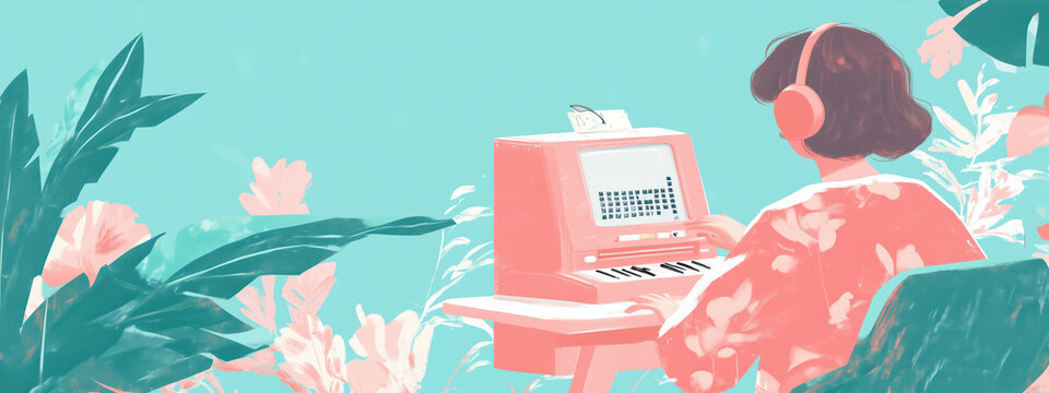 visually impaired employee using vintage computer in vibrant workspace surrounded by plants and flowers, showcasing creativity and focus