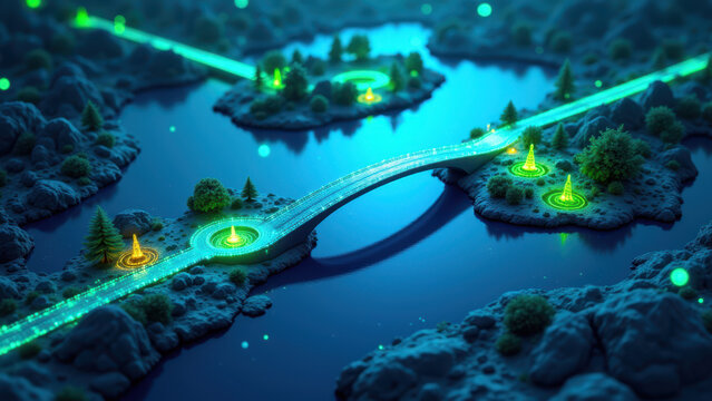 A digital art representation of a secure online network with a scenic landscape, symbolizing cybersecurity protection.