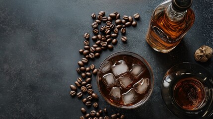 Whiskey served with ice sits near scattered coffee beans on a dark wooden table.
