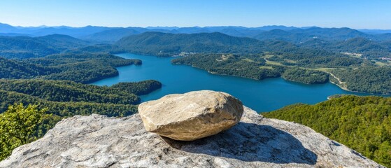 A large rock sits on a ledge overlooking a lake