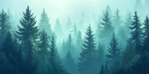 Fototapeta premium coniferous trees in the fog. coniferous forest in the mountains. illustration in cool colors. mysterious atmosphere