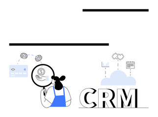 Customer service representative with magnifying glass examining credit card and coins, analyzing CRM, cloud data, charts, and calendar for task management. Ideal for financial analysis, customer