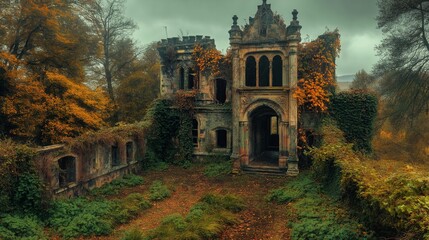 Moss-covered ruins of a once-grand castle sit surrounded by dense forest, evoking fantasy adventure.
