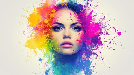 A woman's face against a white background with vibrant splatter paint forming a colorful aura around her, more clarity with clear light, super detailed