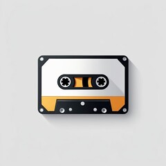 Obraz premium A vintage audio cassette tape with a black, white, and orange color scheme, viewed from above against a light gray background