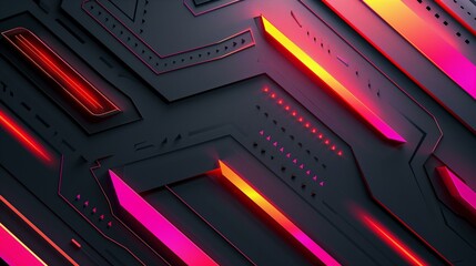 Abstract Dark Neon Circuit Board Background with Red and Pink Glowing Lines and Triangles