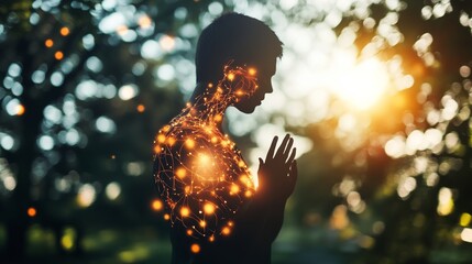 Abstract figure with glowing cardiovascular system, symbolizing physical health and vitality.