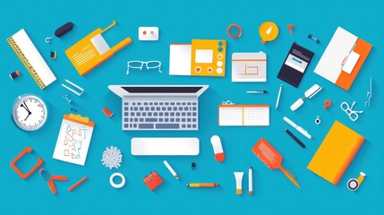 Creative Workspace with Office Supplies and Technology