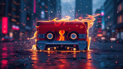A vibrant, flaming cassette tape in the middle of a slick urban street at dusk, reflecting neon lights