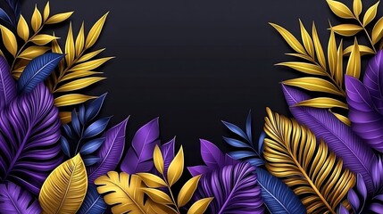 Golden purple tropical leaves frame dark background elegantly. AI Generated
