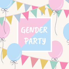 Gender reveal party design template with text, pink and blue balloons and paper flags. Vector illustration for card, flyer, poster, web, banner.