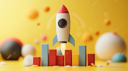 Toy Rocket Launching in Colorful Room, A toy rocket launching from red cylindrical platforms in a colorful room
